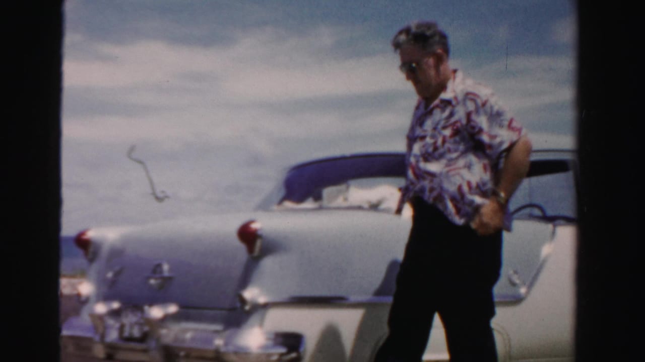 Man in patterned shirt stands beside a light-colored car near the ocean.