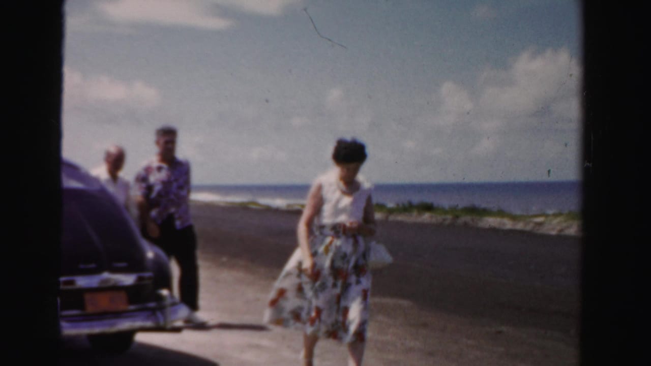 Adults in casual mid-century clothing gather near a dark car on a Dade County coastal road, with ocean and sky behind them.