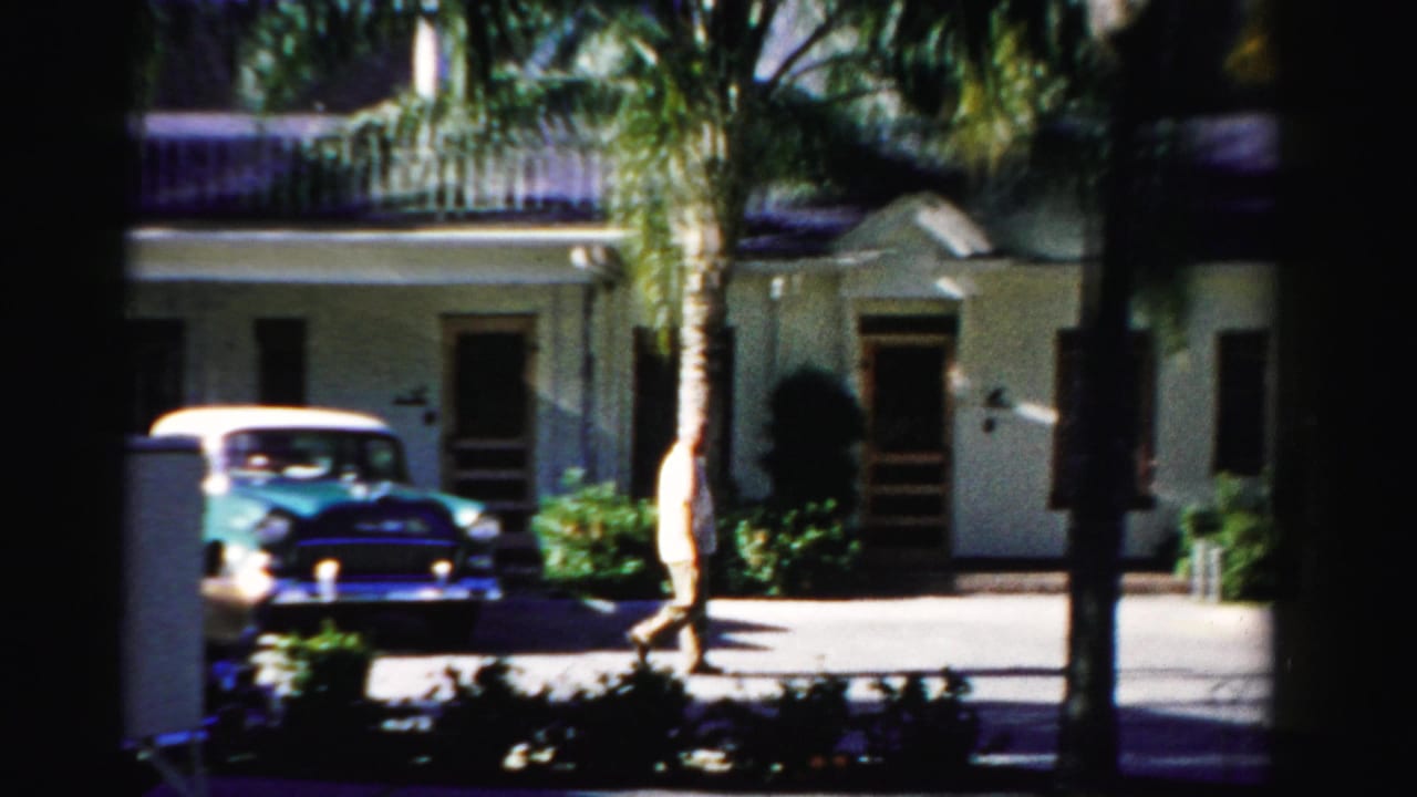 Man walking on a sunny sidewalk near palm trees and a parked turquoise car.