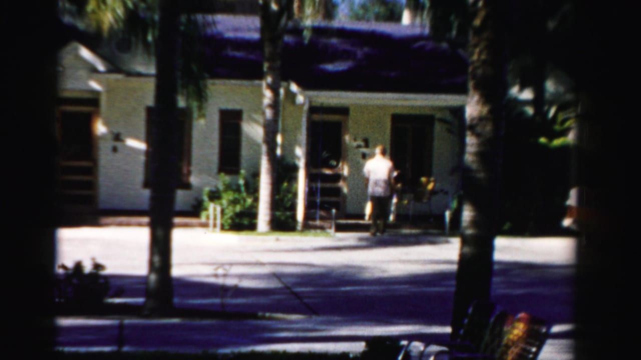 Person near the front entry of a small house, with palm trees and driveway in view.