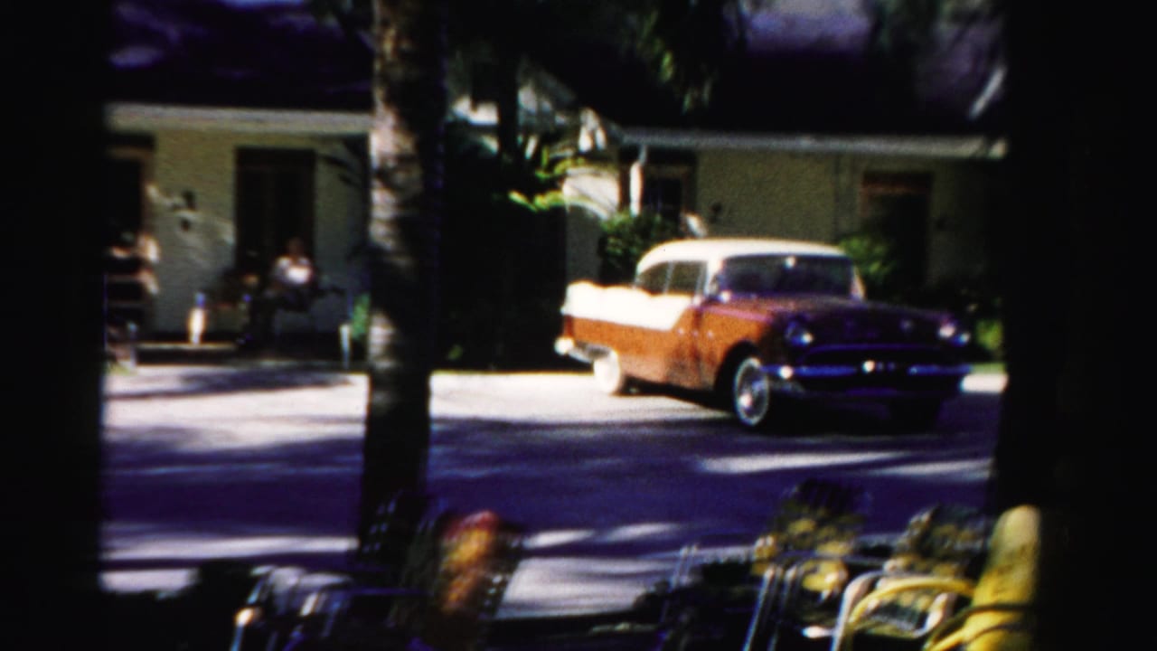 Classic two-tone sedan passes in front of a low house and palm trees.