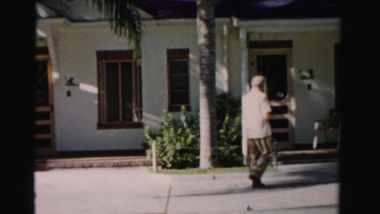 1955 Dade County home-movie frame showing a man near a sidewalk, palm trunks, shrubs, and a white stucco house entrance.