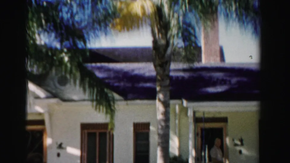 Dade County, Florida house exterior with palm trunk, windows, dark roof, and a man standing in the doorway.