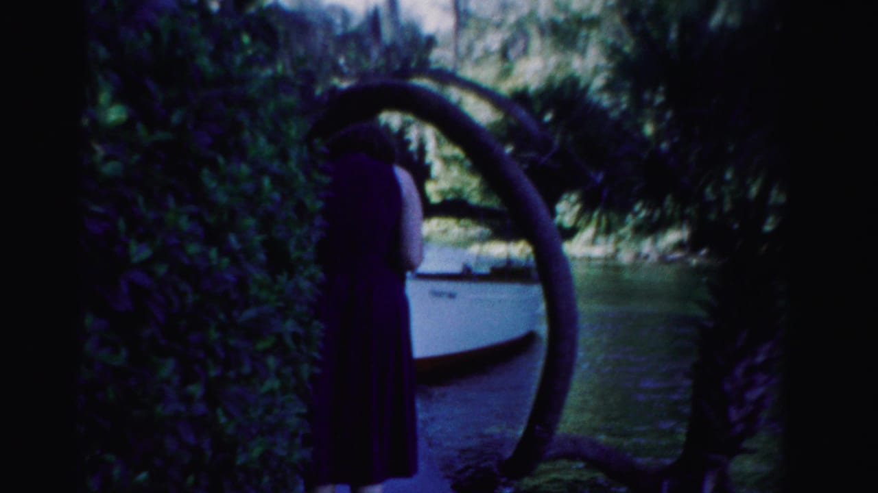 Woman in a dark dress stands beside foliage near a lake and small white boat.
