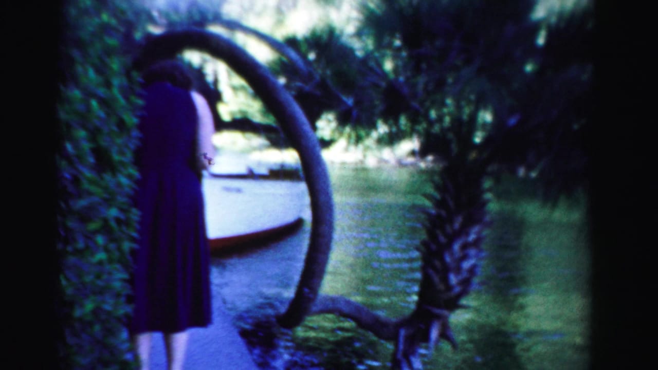 Woman stands under a curved tree limb with a white boat and lake behind her.