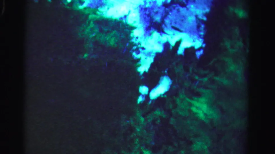 Dark blue-green 8mm frame with a waterlike area and bright irregular shapes along one side, details indistinct.