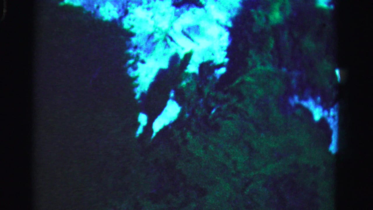Dark water-like surface with blue-green reflected patterns and soft shadowed areas.
