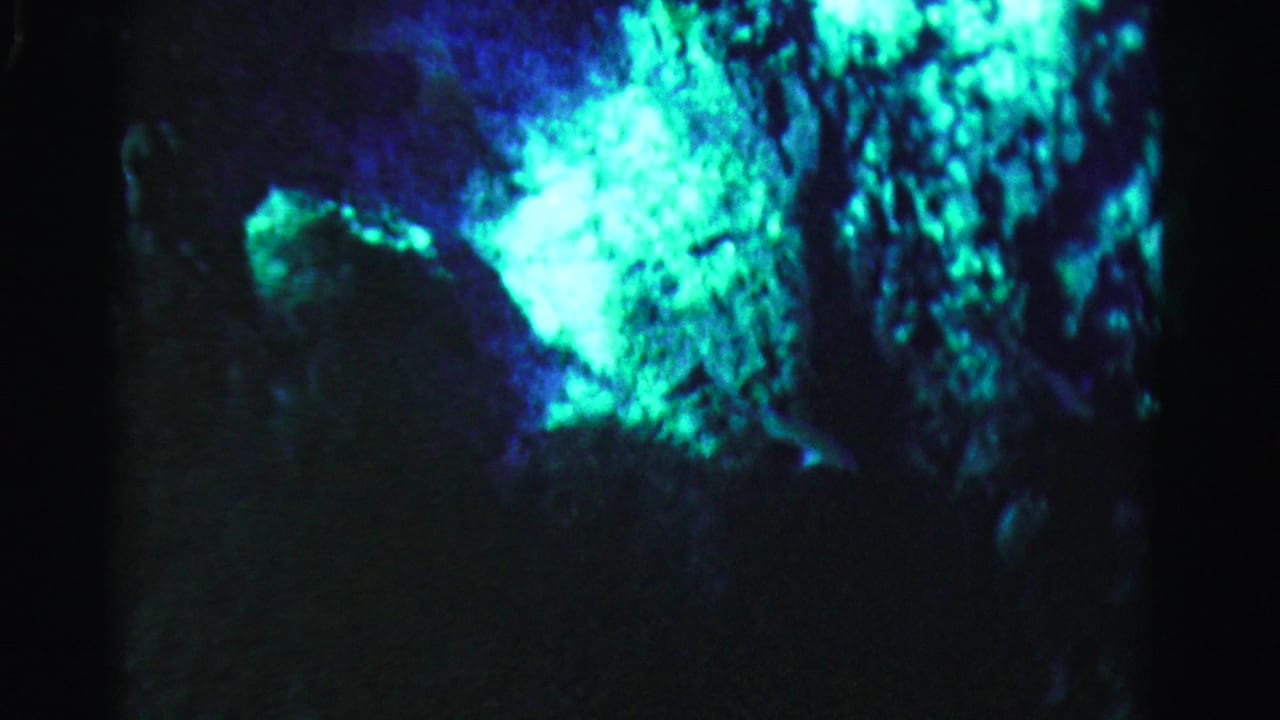 Blue-green underwater rock or reef surface with bright reflected light and dark edges.