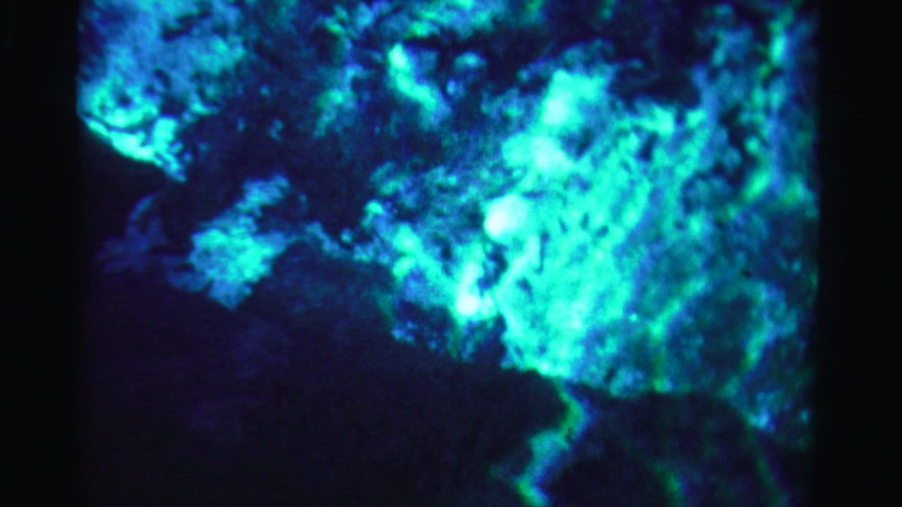Bright turquoise water-like texture with dark surrounding areas and mottled light.