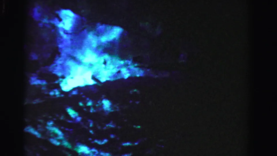 1955 Dade County 8mm frame with a blue-green luminous cloud, dark water, and scattered reflective streaks.