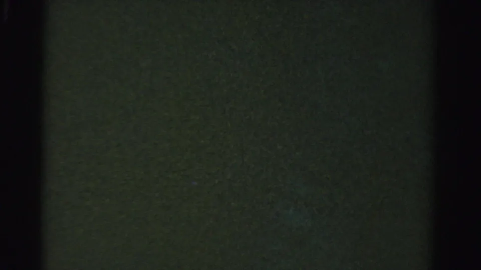 Final dark 8mm frame with heavy grain, faint green mottled texture, and a black vertical edge along the right side.