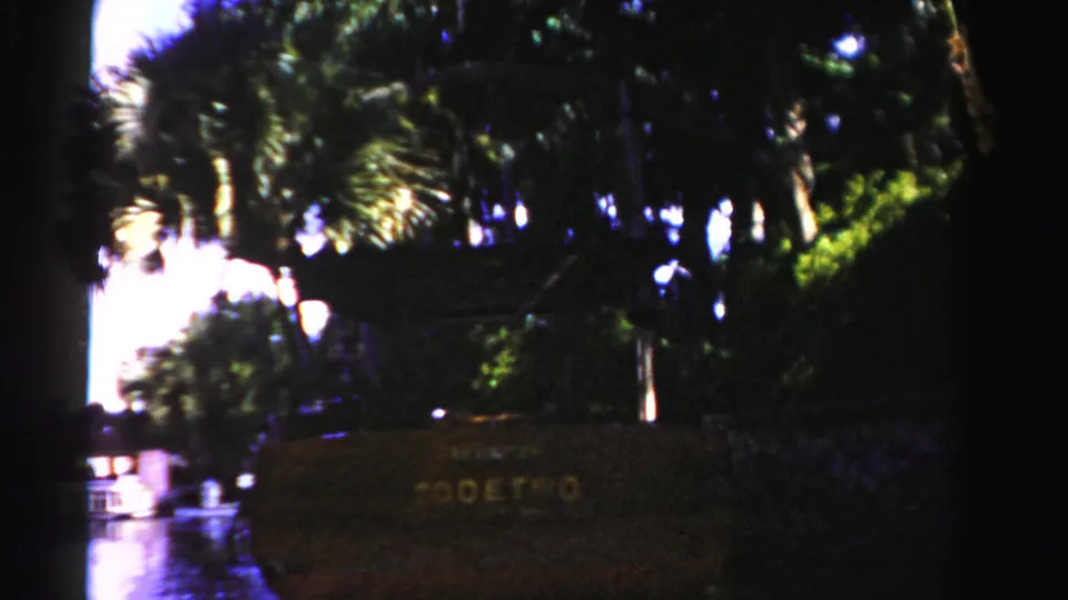 1955 Dade County 8mm frame with a brown sign, gold lettering, palms, and reflective pavement in a tropical setting.