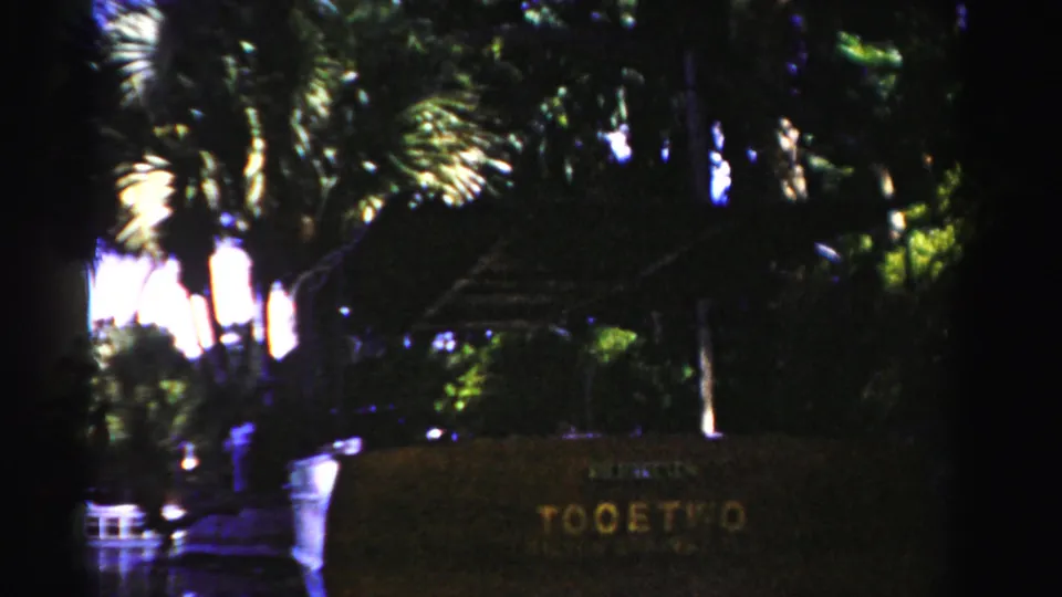1955 Dade County 8mm frame with a brown sign, palm trees, wet pavement, and a dark arched structure in the background.
