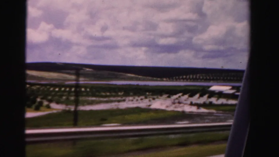 1955 Dade County roadside frame showing planted tree rows, open ground, a utility pole, guardrail, and cloudy sky.