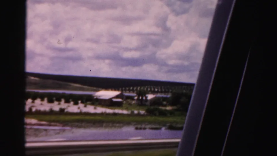 1950s home-movie frame of organized tree plantings and water in Dade County, Florida, filmed from a moving car.