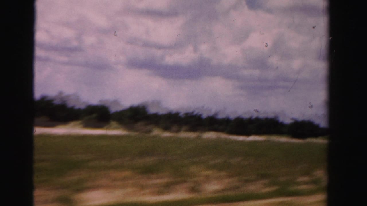 Open field and low tree line seen from a moving vehicle under a cloudy sky.