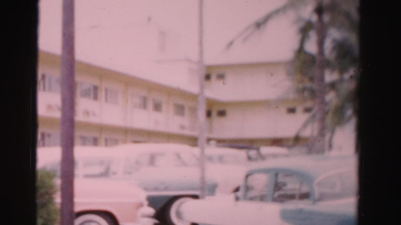Dade County, Florida exterior showing a low white building, palm trunk, and parked mid-century cars in 1955 home-movie footage.