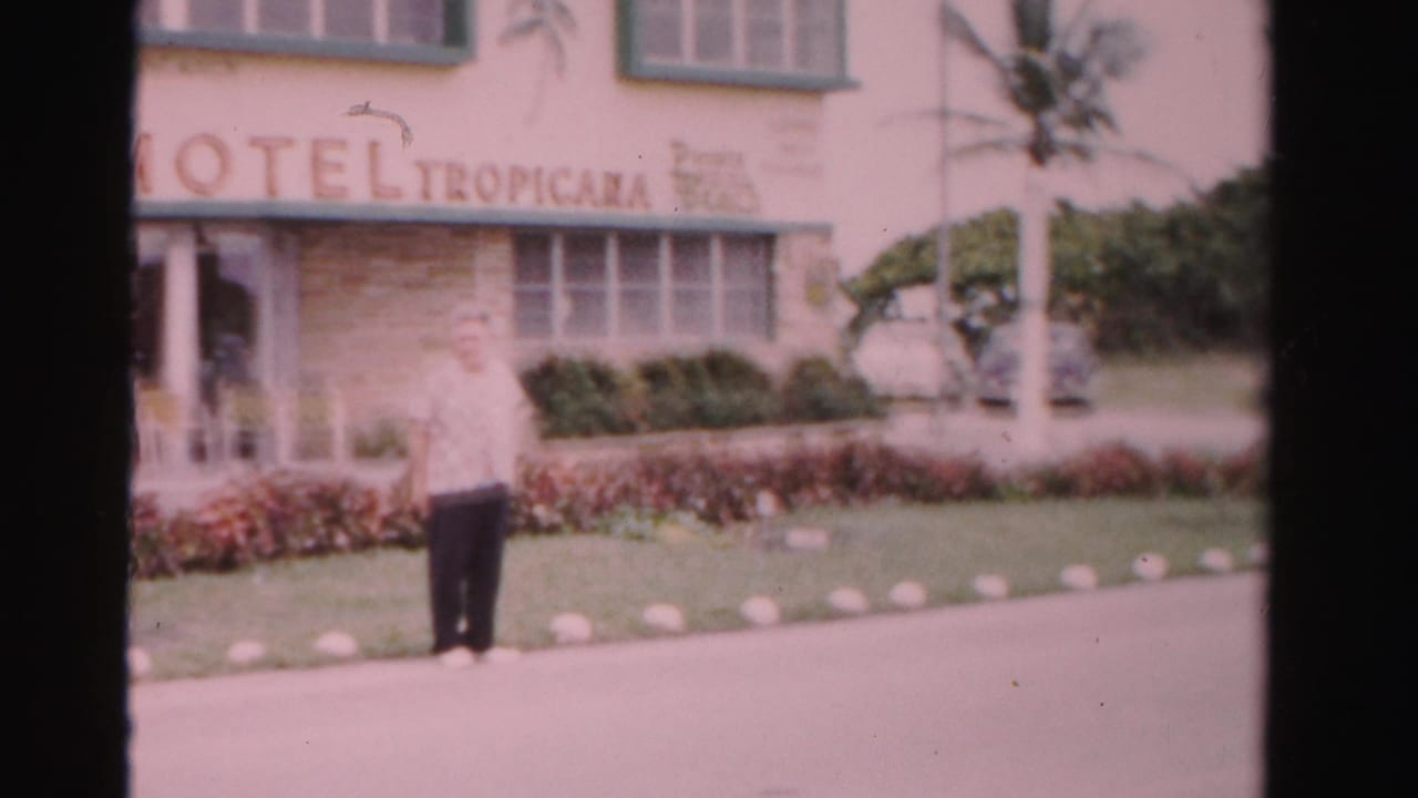 Man standing outside Hotel Tropicana near palm trees, hedges, and the entrance sign.