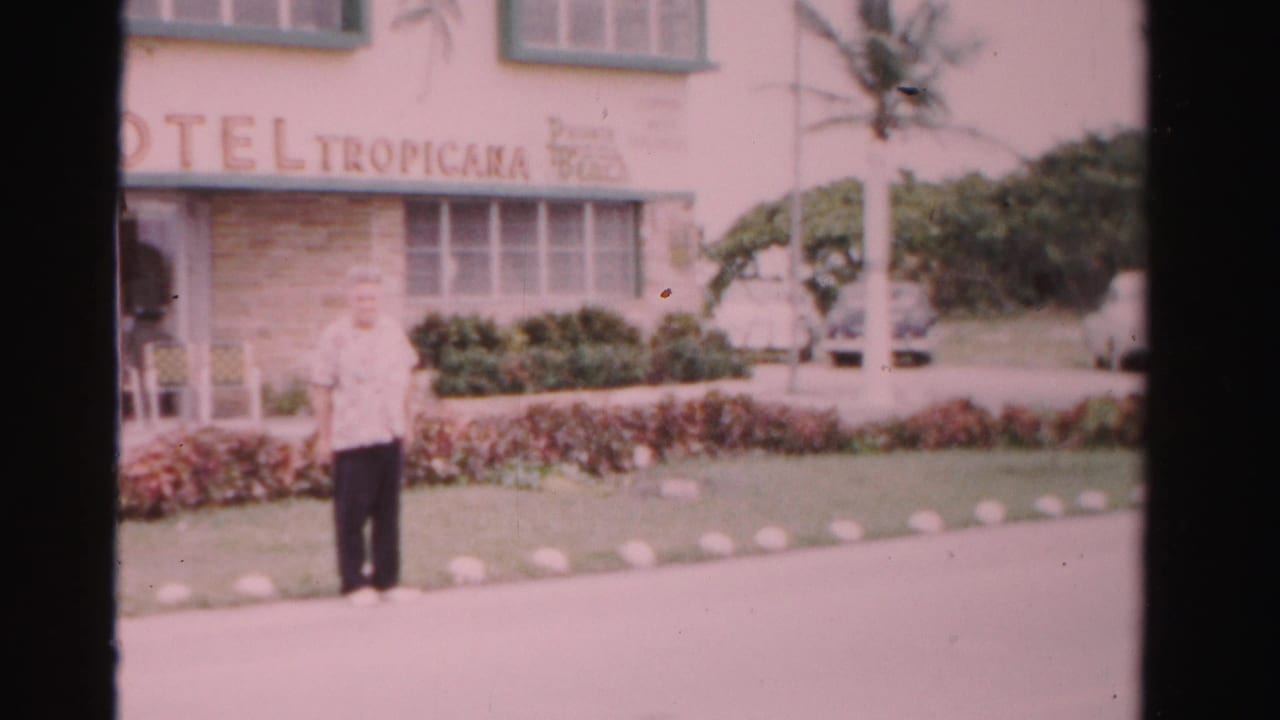 Man standing near a roadside building with a Tropicana sign, palms, hedges, and parked cars.