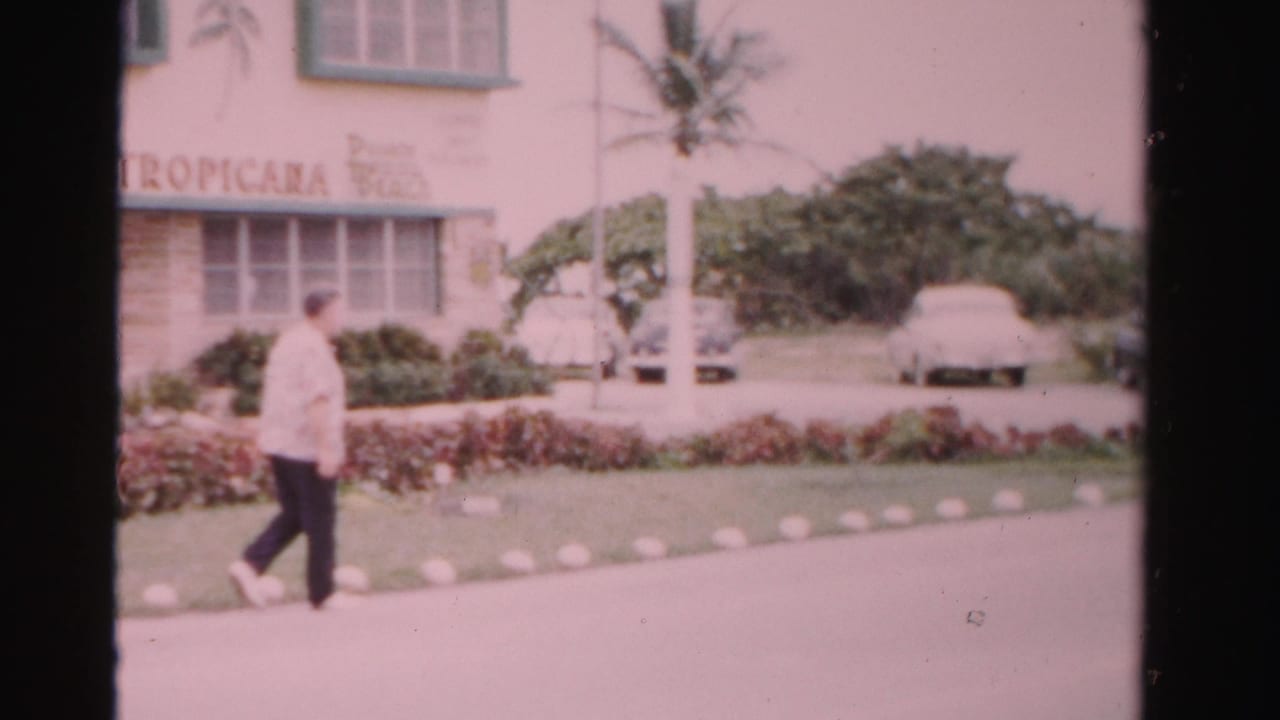1955 Dade County frame of a man walking along a paved roadside past Tropicana signage, palms, hedges, and parked cars.