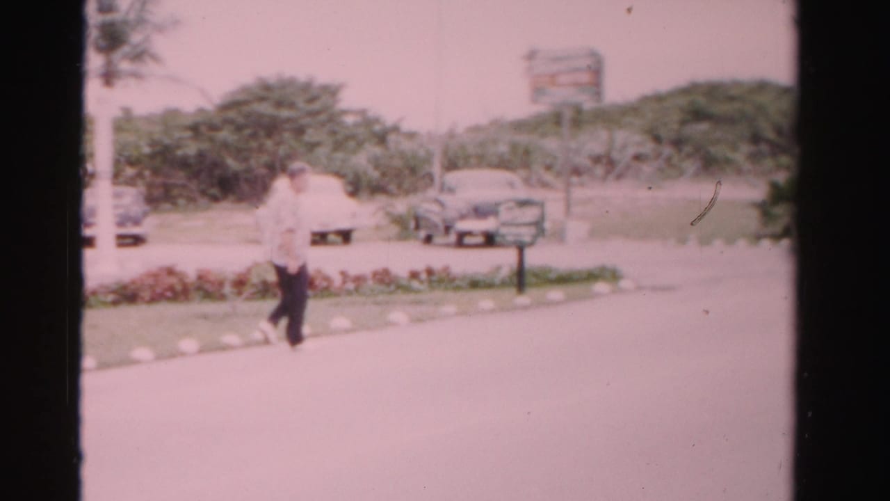 Man continues walking across a bright paved area with cars, shrubs, palms, and signs behind him.