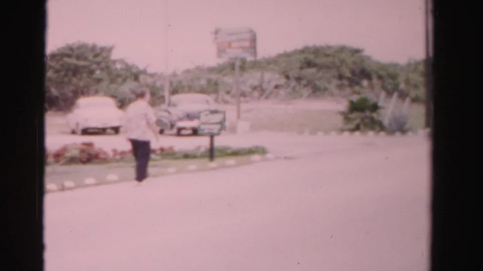 Seen from behind, the older man approaches a planted median on a Dade County street, with 1950s cars, palms, and signs in soft focus.