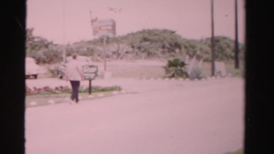 The man walks away along the curb in 1955 Dade County, framed by a broad sunlit street, parked cars, palms, and roadside signs.