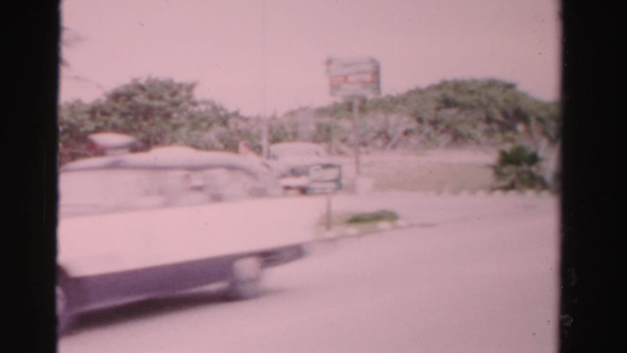 Blurred car passing a roadside motel area with palms and signage.