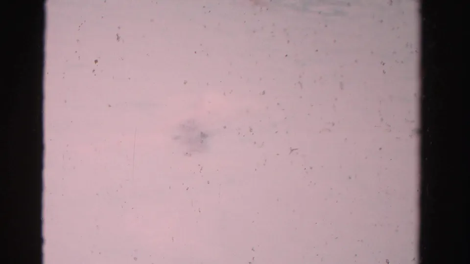 The final frame shows a faint view of the swimmer in pale pool water, strongly softened by 8mm wear, dust, scratches, and color fading.
