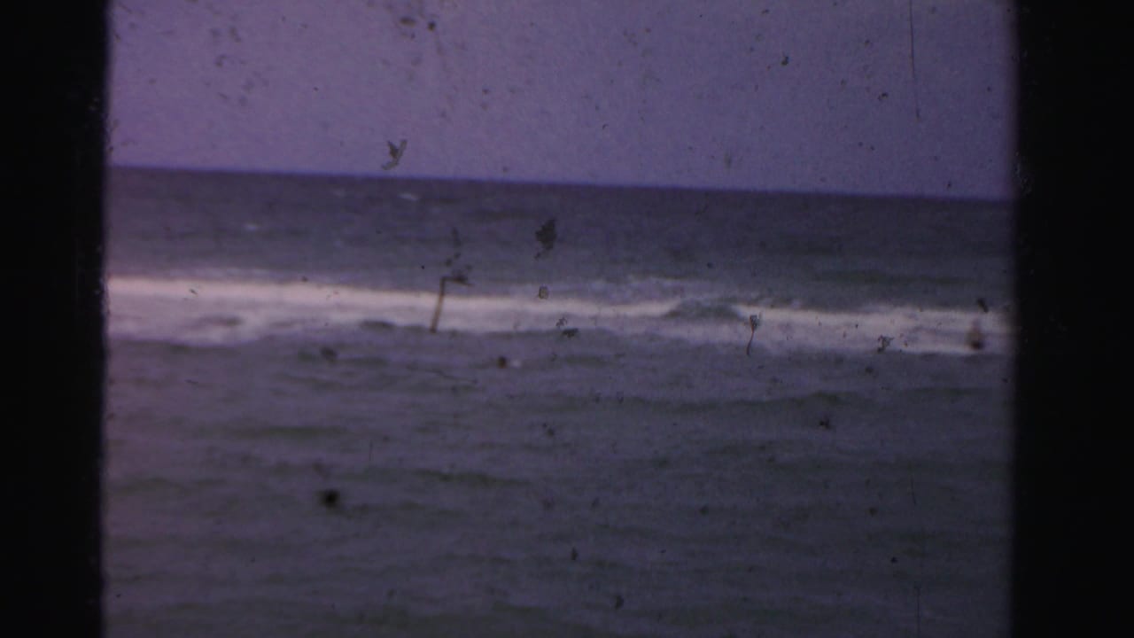 Ocean horizon with dark water, breaking surf, and tiny distant swimmers.