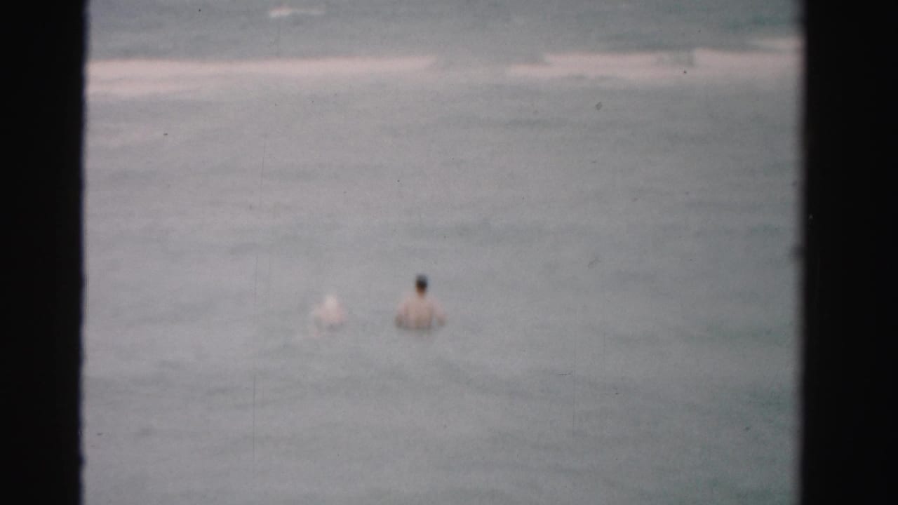 Distant swimmer in pale ocean water with small waves and film-frame borders.