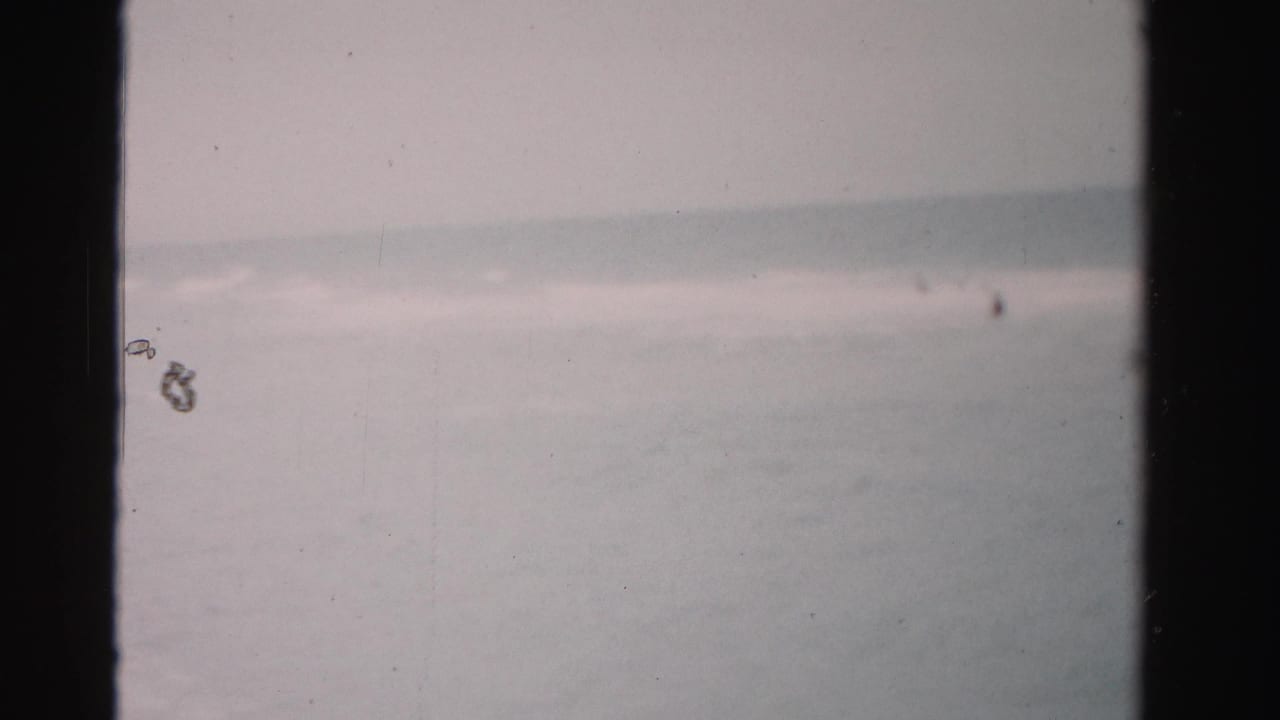 1955 Dade County, Florida home-movie frame showing muted surf, a pale horizon, and tiny distant swimmers within dark film borders.