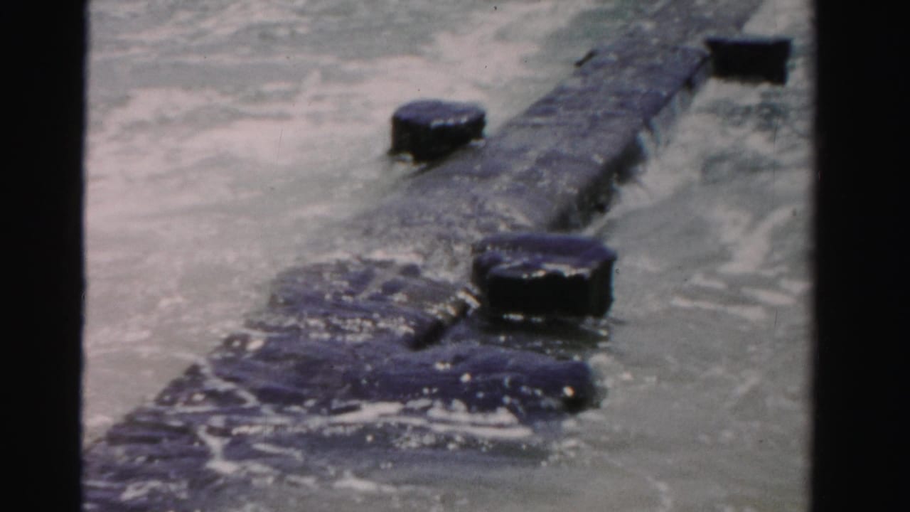 Long dark object extending through choppy surf near the shore.