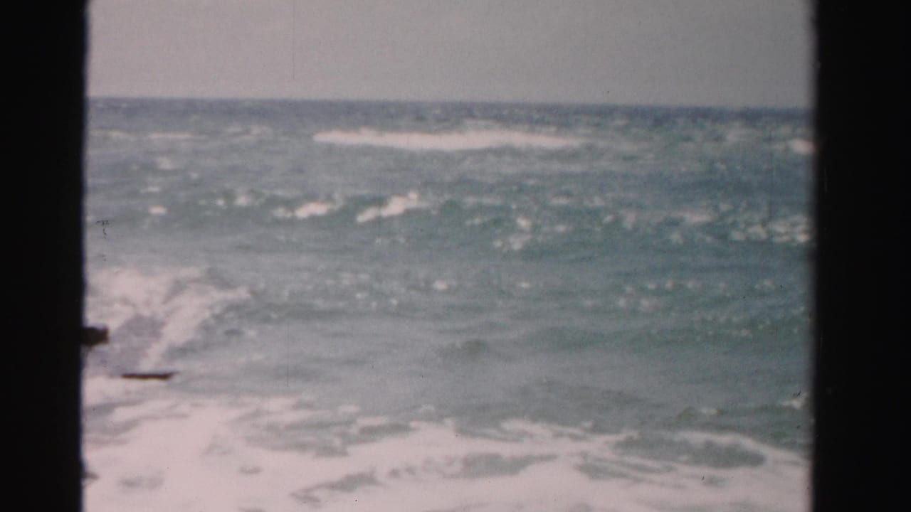 Blue-green ocean waves break near a rocky jetty, seen through dark vertical framing.