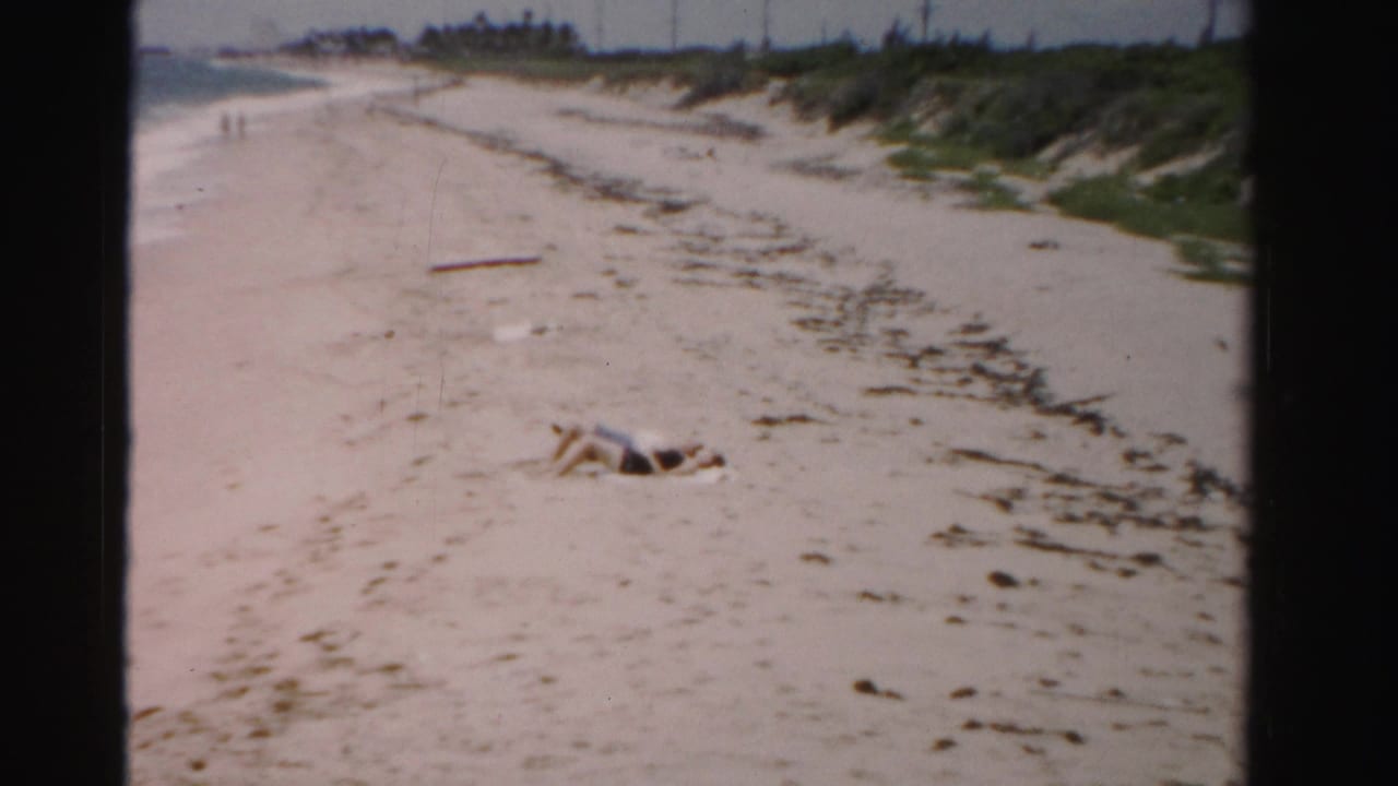 Sandy beach with a person lying on the sand and distant walkers near the shoreline.