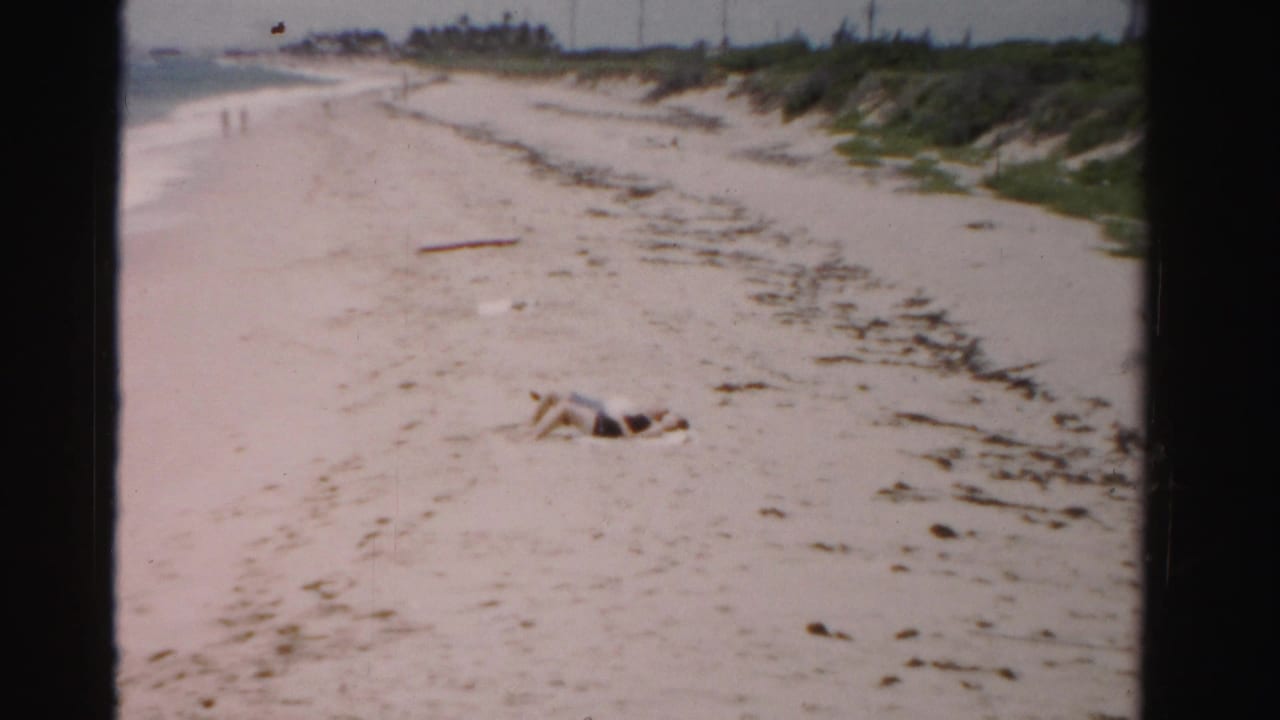 Beach scene with a person reclining on sand and small figures walking near the water.