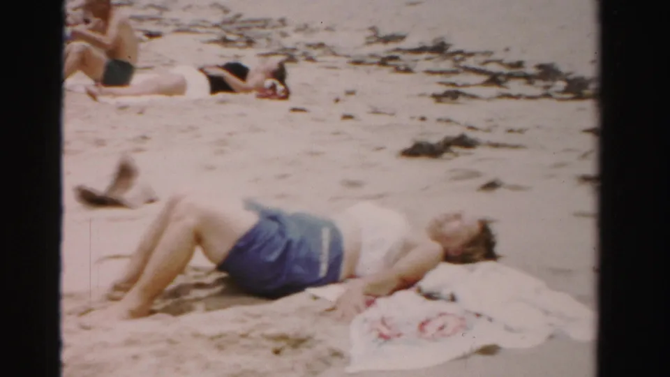 The final frame shows a woman sunbathing on sand at the 1955 Dade County beach, with towels, seaweed, and other bathers visible.