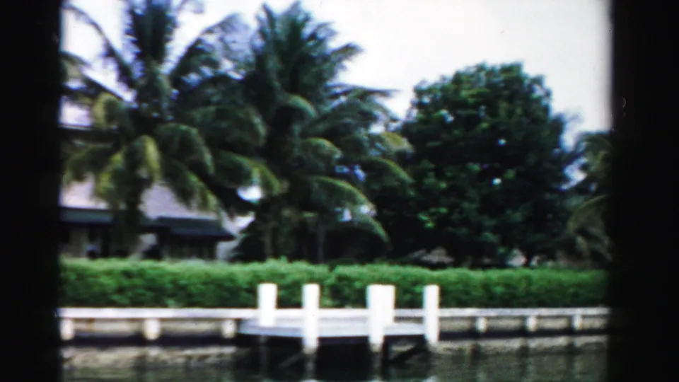 1955 Florida canal view showing a dock with white posts, dense hedges, palms, and a waterfront residence partly visible in the background.