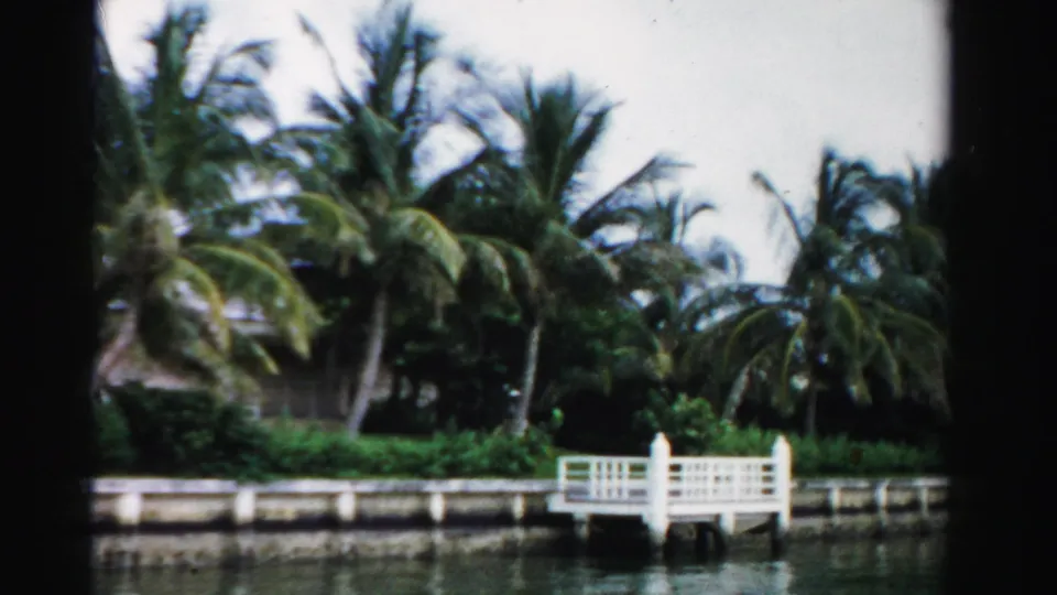 1955 Dade County 8mm frame showing palms, dense greenery, a white dock, and a low seawall along a canal.
