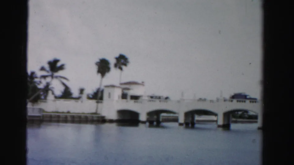 Dade County canal view with a white arched bridge, palm trees, shoreline walls, and still water under a pale sky.