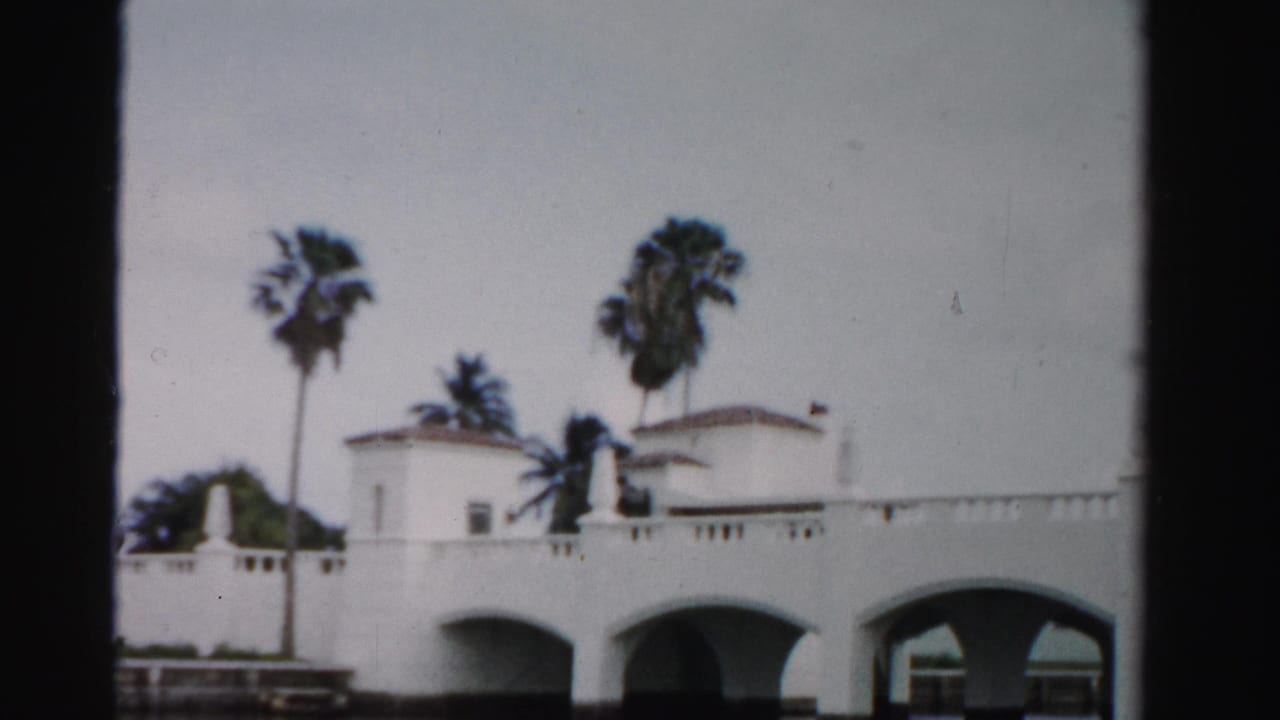 White arched bridge with stucco buildings and tall palm trees across calm water.