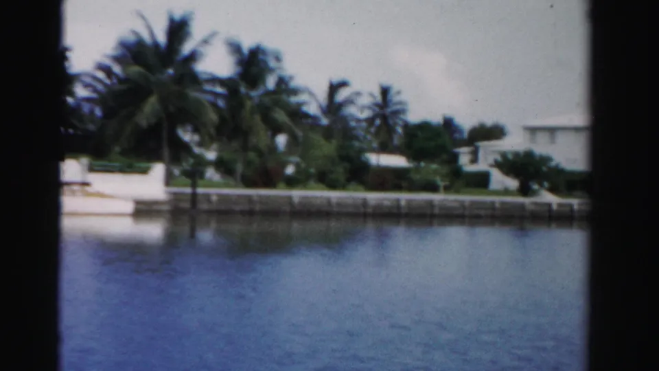 1955 home-movie frame of a palm-lined Dade County canal bank with tropical planting and low waterfront structures.