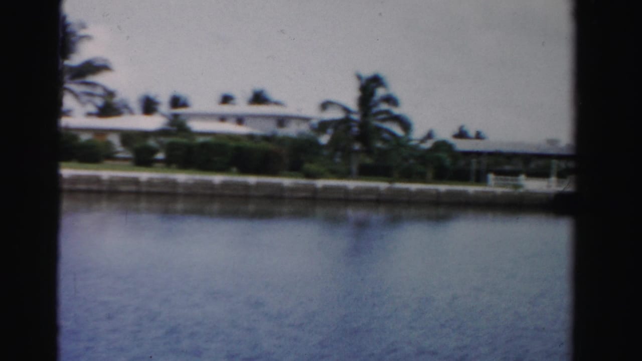 Dade County waterfront houses and palms appear across the canal, with soft 8mm color and a concrete seawall along the shore.