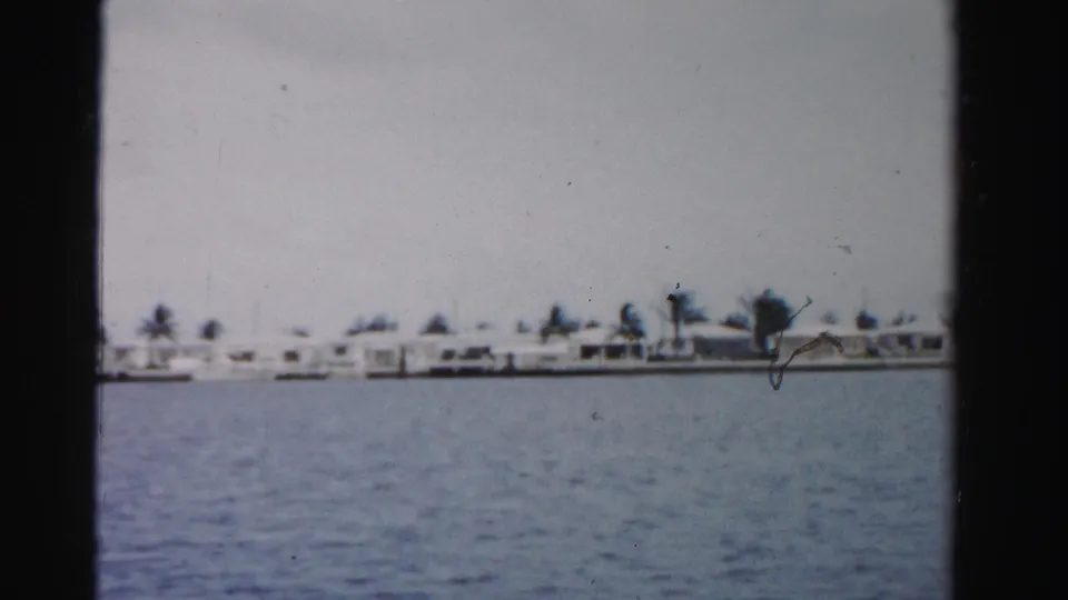 Wide 1955 Dade County 8mm shoreline view showing low homes, palms, docks, water, and visible film wear.