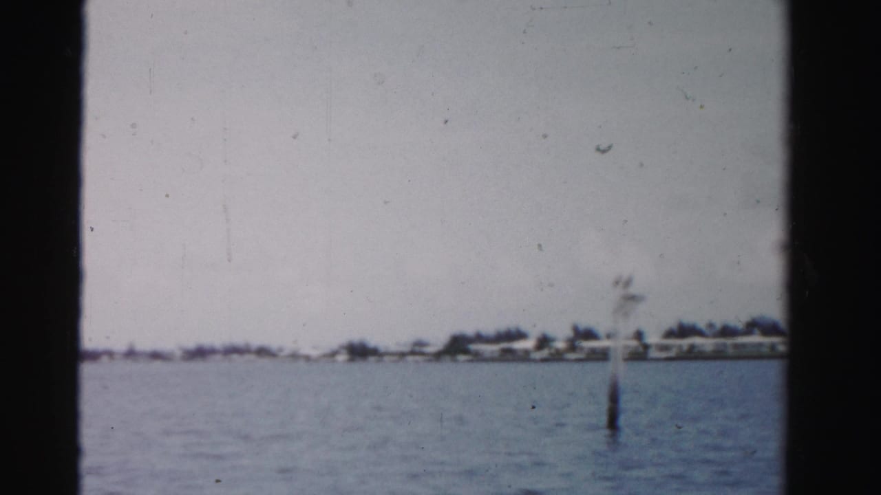 Calm water with distant shoreline and houses seen through dark frame edges.