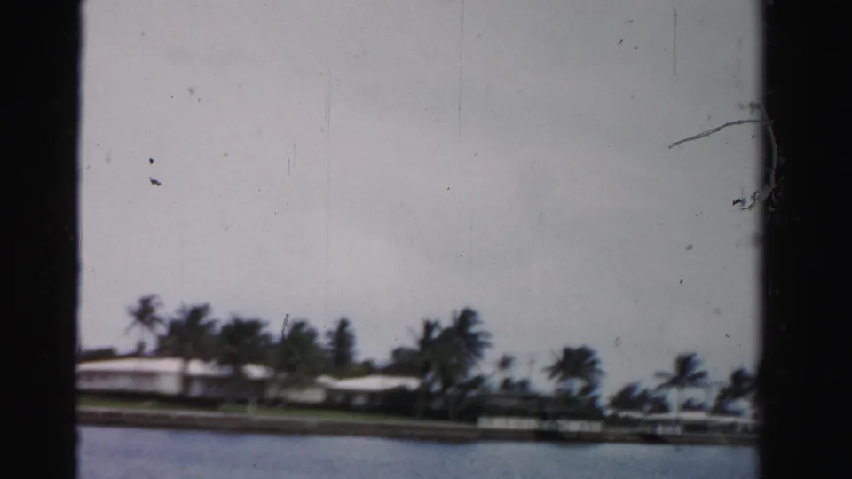 Dade County waterfront residences and tall palms appear across a calm waterway in a soft 8mm frame.