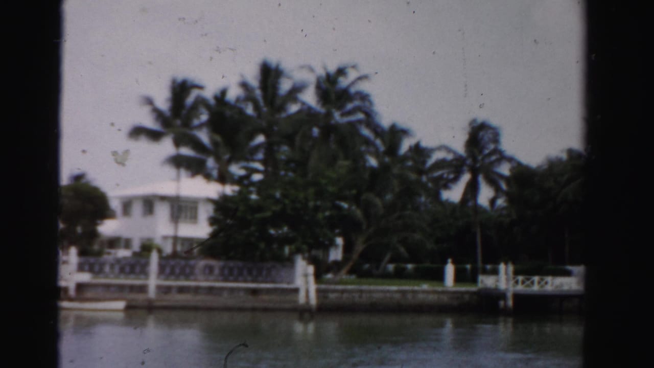 1955 Dade County waterfront view with white houses, palm trees, dock posts, railing, and still canal water.