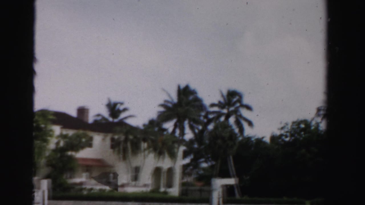 A Dade County residential exterior appears behind palm trees, with a white facade, red roof detail, lawn, and dark framing across the view.