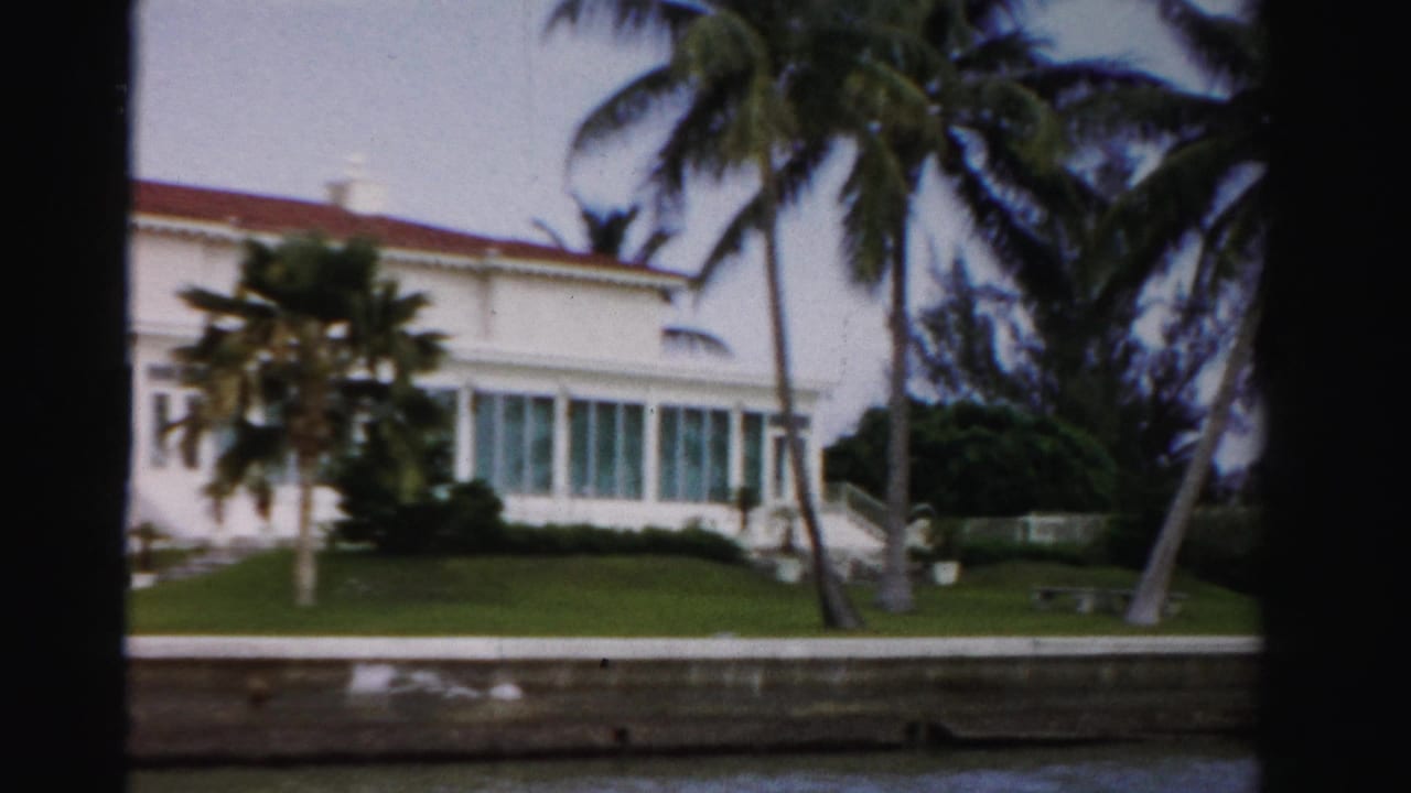 Waterfront house partly framed by palms, with lawn, seawall, and water below.