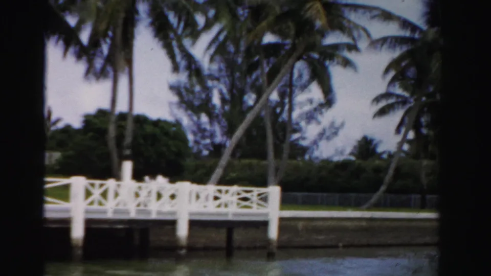 A white canal landing with decorative railings stands across the water in 1955 Dade County, framed by palms and dense greenery.